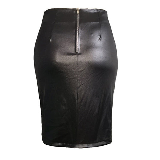 Ladies High Waist Bandage Split Sexy Hip Leather Skirt