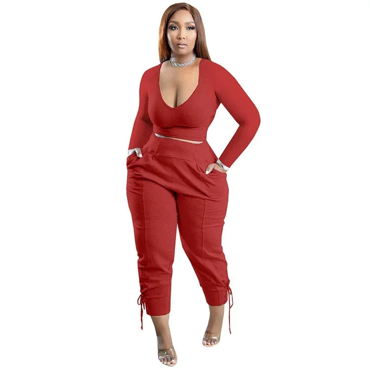 Plus Size Sexy Loose Fit Casual 2-Piece Set for Women V-Neck Pantsuit