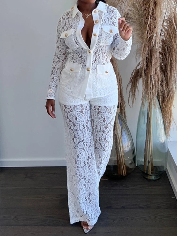 Women's Crochet Lapel Long Sleeve Jumpsuit Two Piece Pants Set Trendy