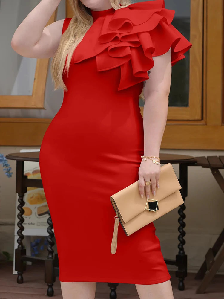 Fashion Bodycon One Shoulder With Flower Ruffle Elegant Evening Dress