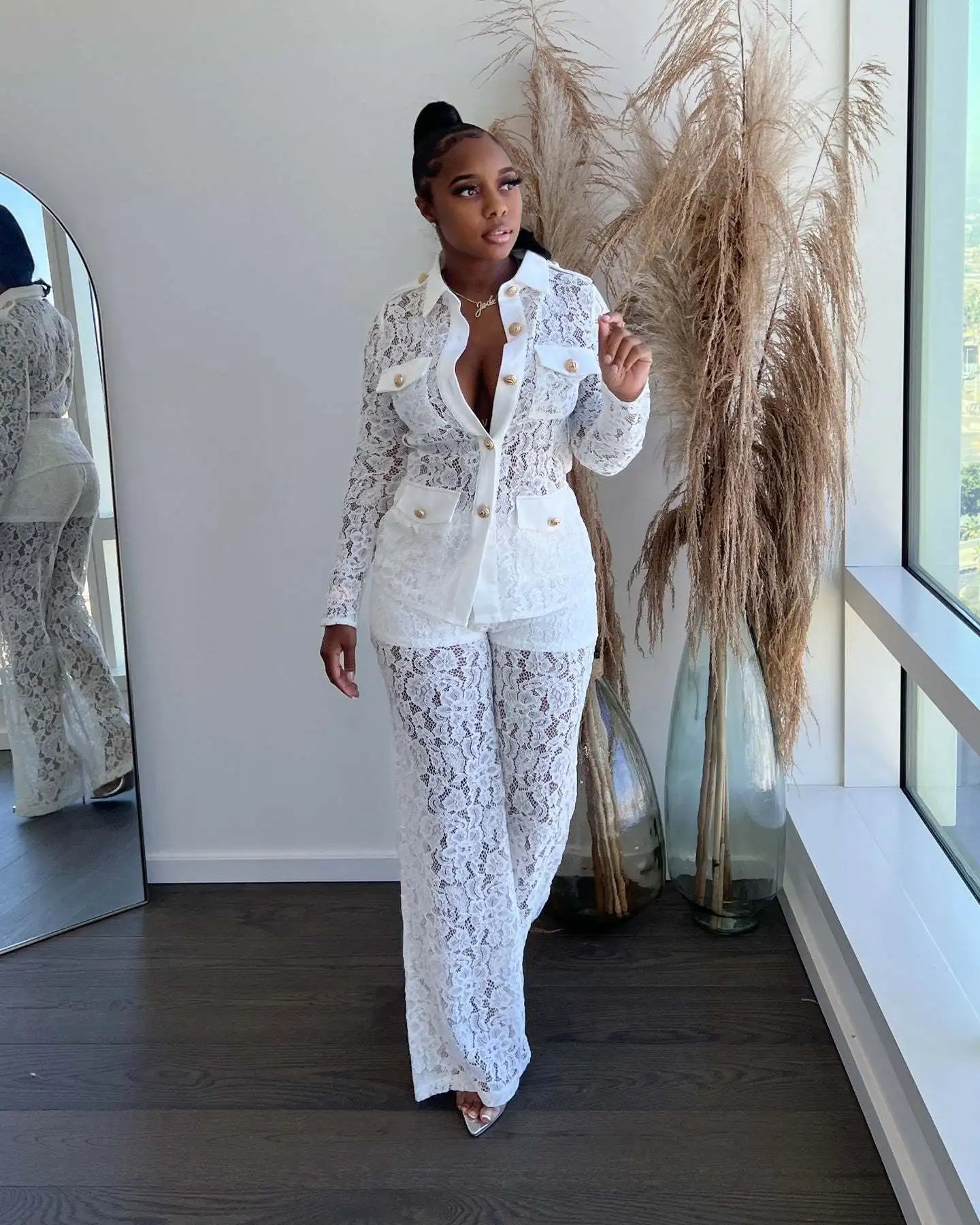 Women's Crochet Lapel Long Sleeve Jumpsuit Two Piece Pants Set Trendy