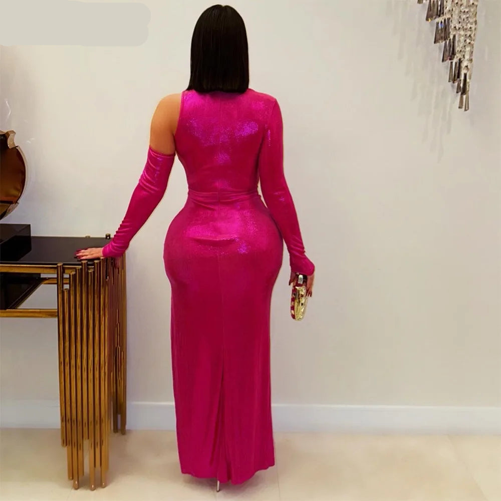 Women Cutout Shoulder High Side Split Gilding Midi Maxi Long Dress