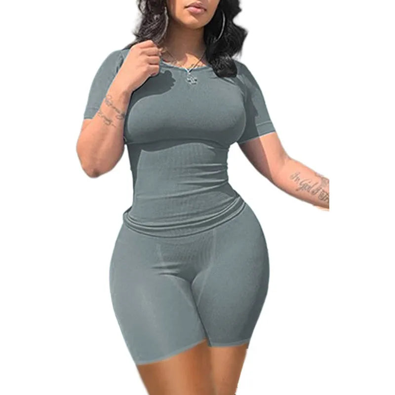 Lounge Wear Ribbed Casual 2 Piece Shorts Elastic Outfits Set For Women