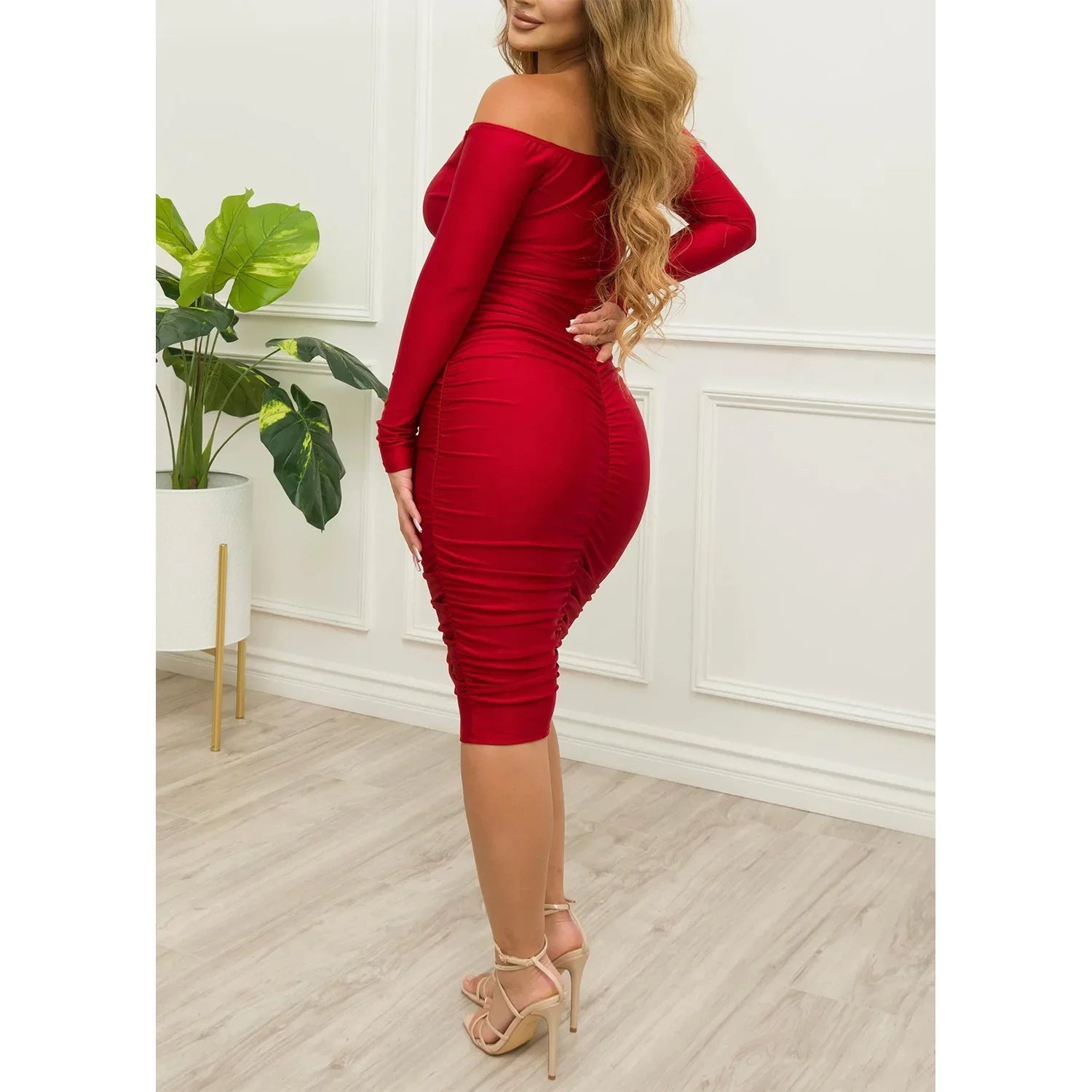 Women's Sexy Off-Shoulder Pleated Backless Long Sleeve Fashion  Dress