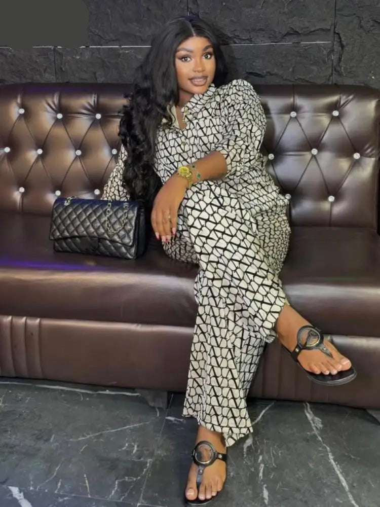 Women's Hipster 2 Piece Sets Lapel Full Sleeve Blouse & Wide Leg Pant