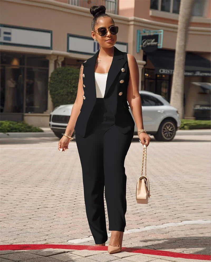 Women's Set Elegant Sleeveless Blazer Top + Pencil Pants Matching Sets