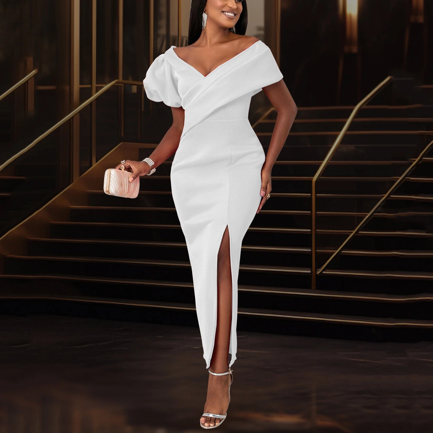 Sexy Bodycon Dresses for Women V Neck Side Split Ankle Length Fashion