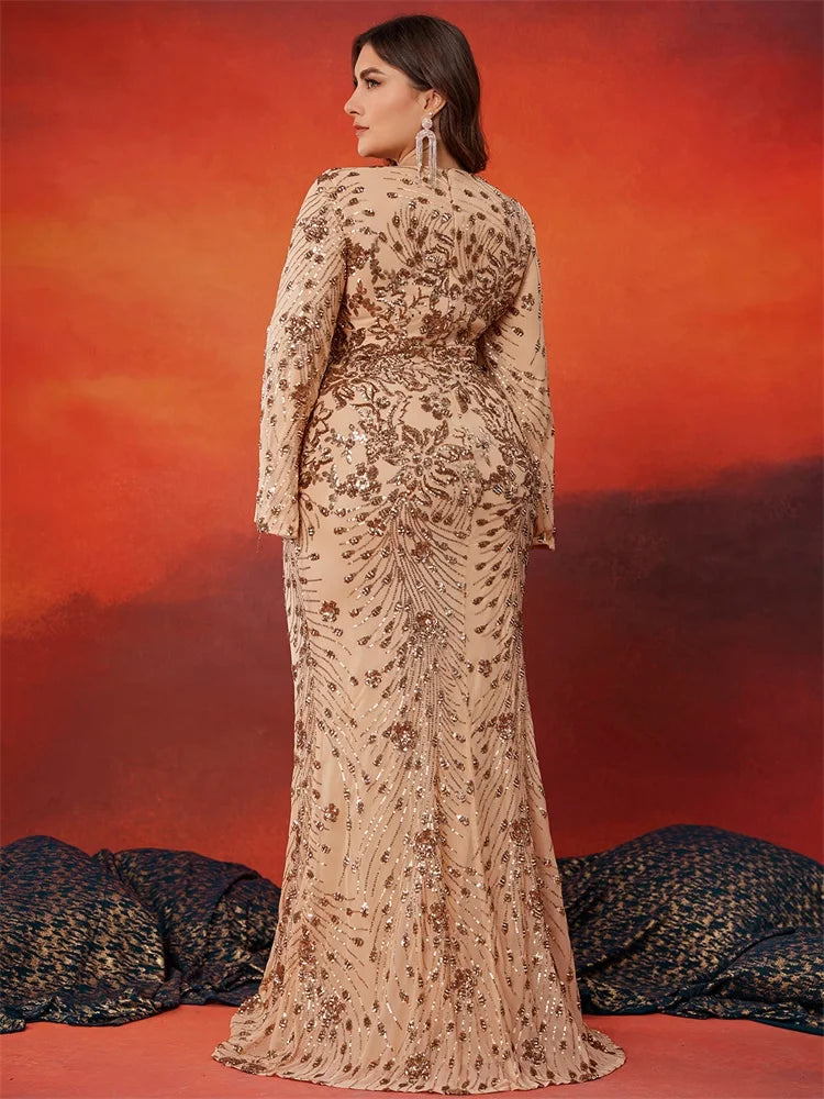 Plus Size Gold Evening Women Long Sleeve Mermaid Formal Sequins Dress