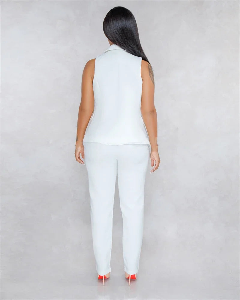 Women's Set Elegant Sleeveless Blazer Top + Pencil Pants Matching Sets