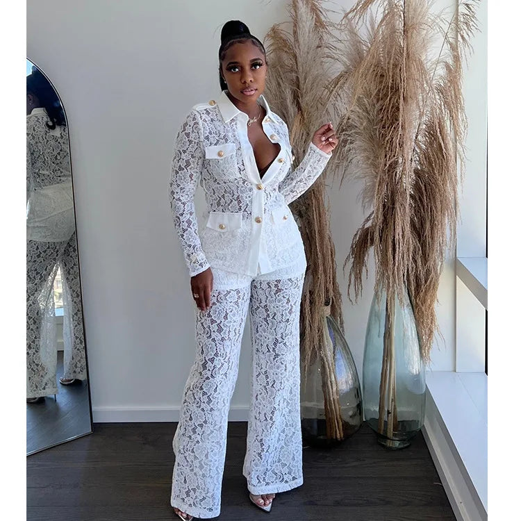 Women's Crochet Lapel Long Sleeve Jumpsuit Two Piece Pants Set Trendy