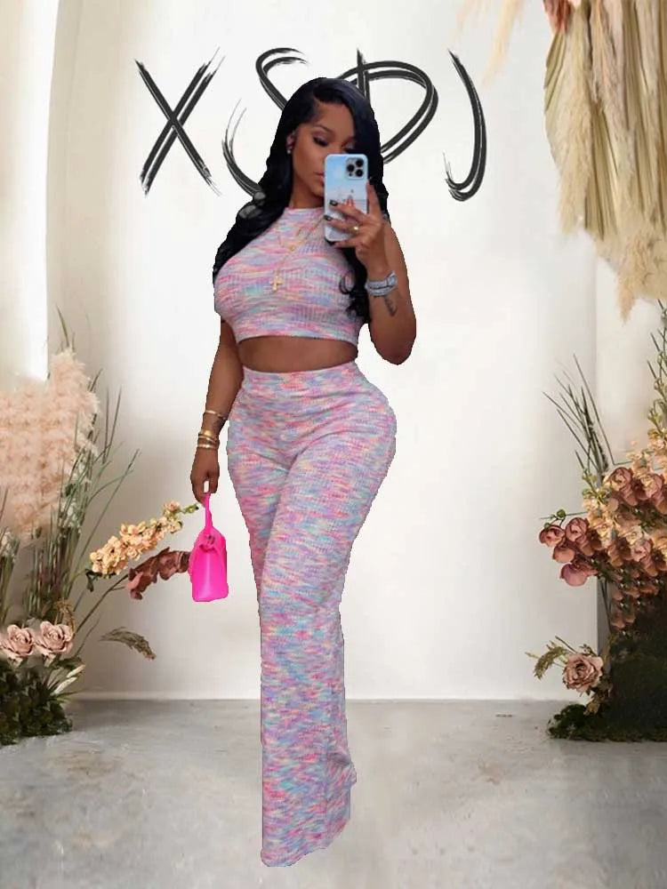 Women's Outfits: Stretchy Knitted Suit Sexy Sleeveless Top and Pants