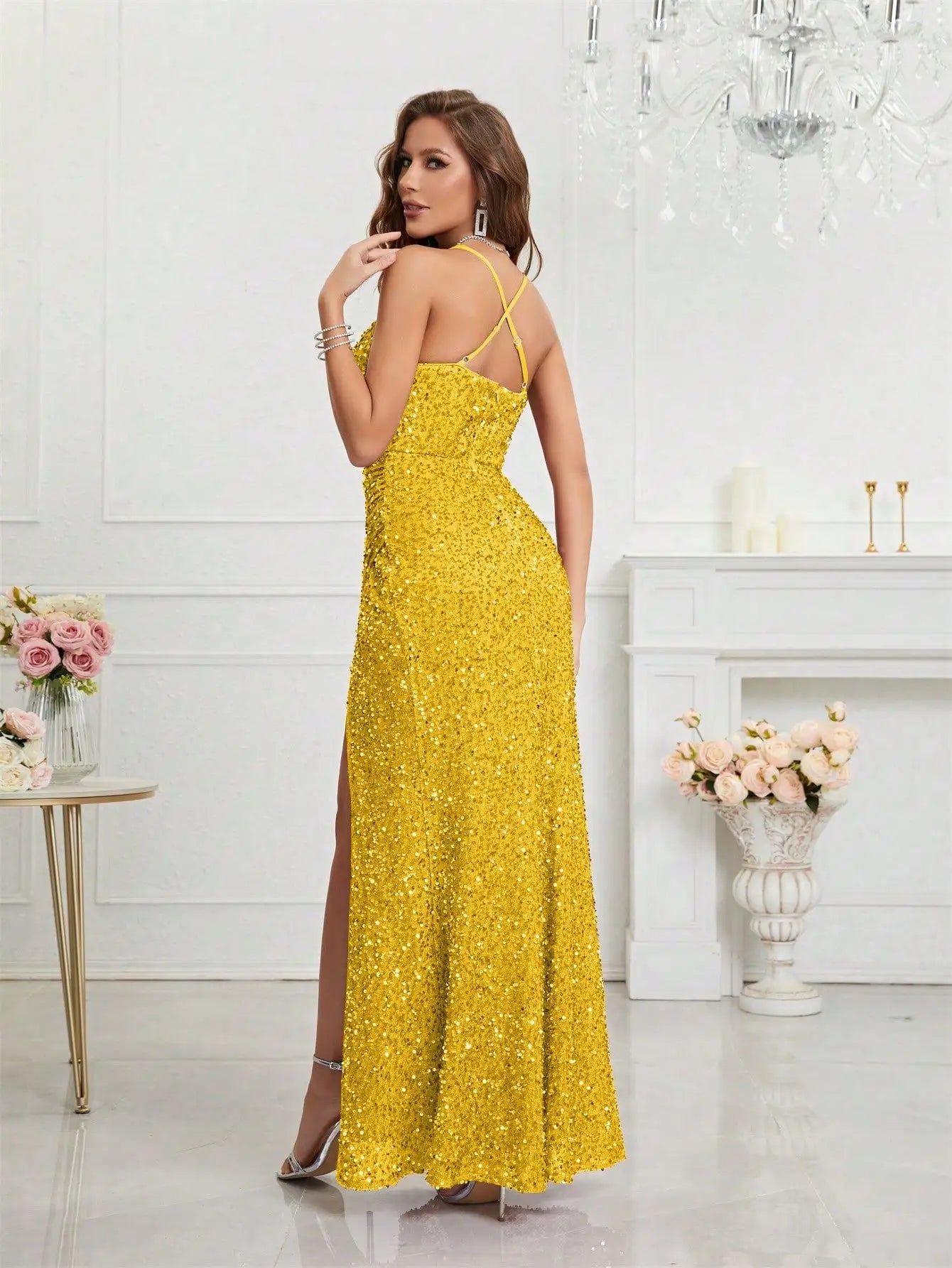 Bodycon Halter Neck Ruched Waist Sequined Formal  Cami Women's Dress