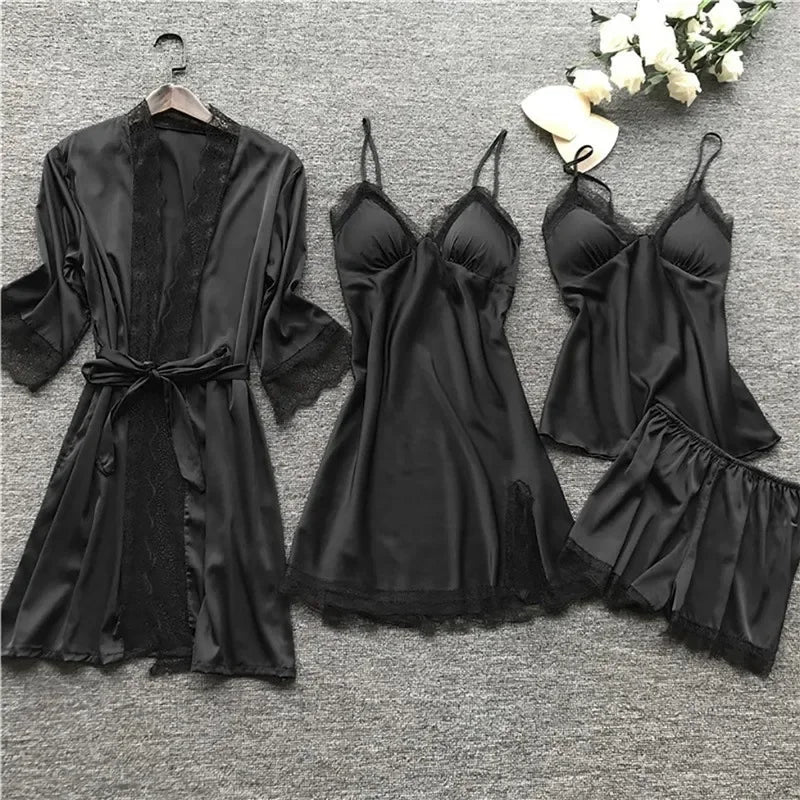 4 Pieces Women's Sexy Lace Pajamas V-Neck Gown Comfort With Chest Pads