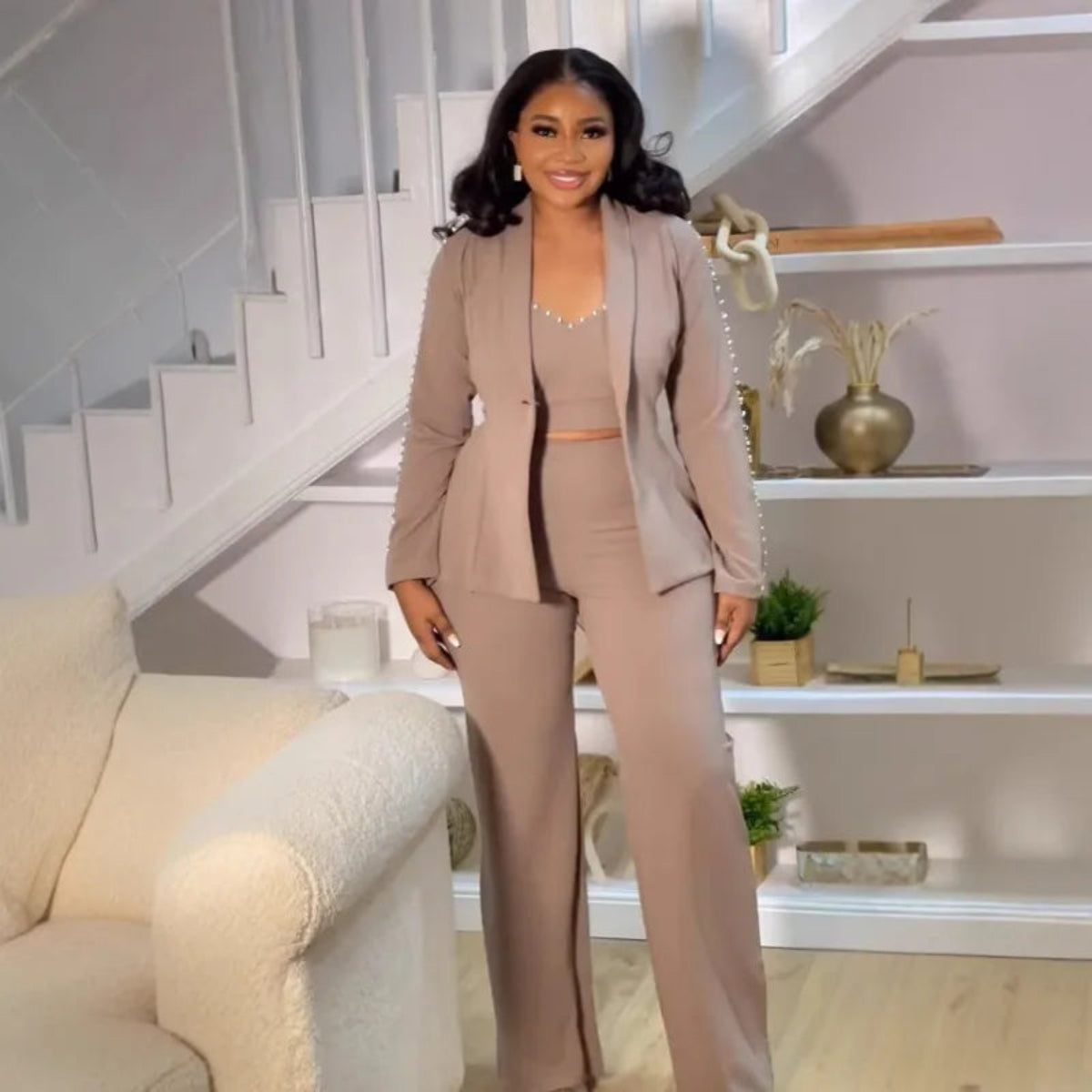 Elegant Pearl Patchwork 3 Pieces Set for Women Long Sleeves Coat vest