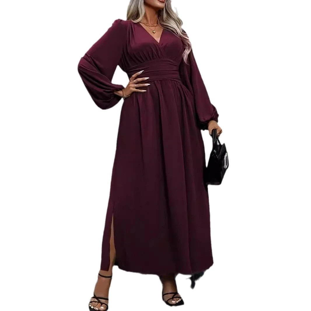 Plus Size Women's Elegant Long Dress V Neck High Waist  Long Sleeve