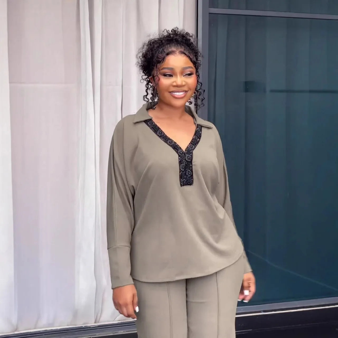 Turn Down Collar Long Sleeve Patchwork Elegant Fashion Office Outfit