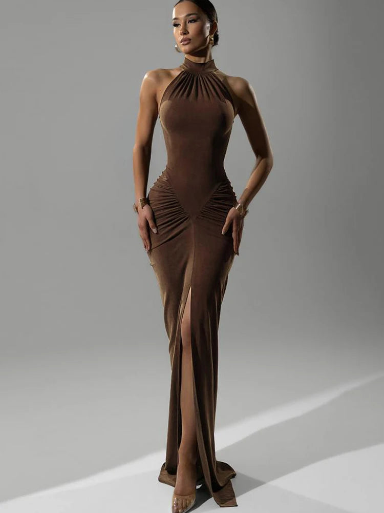 Women Halter Pleated Solid Slim Sexy Fashion Slit Peach Buttocks Dress