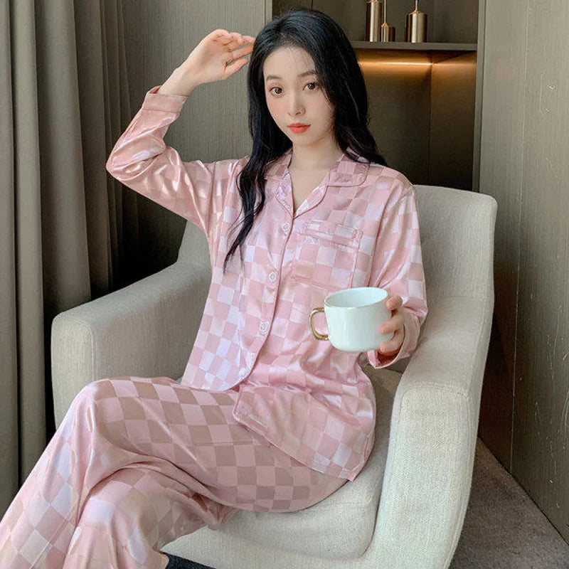 Women's Home wear Set Summer Long-Sleeved Pants Plaid Pajama Set