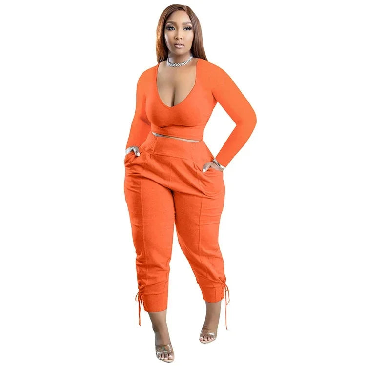 Plus Size Sexy Loose Fit Casual 2-Piece Set for Women V-Neck Pantsuit