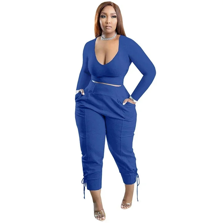 Plus Size Sexy Loose Fit Casual 2-Piece Set for Women V-Neck Pantsuit