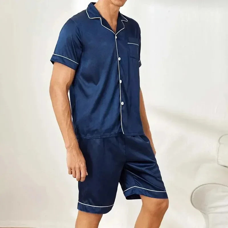 Plus Size Men's Pajama Set Faux Silk Lapel Cardigan Short Sleeve Set