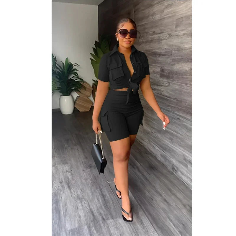 Button-Up Shirt Top Short Matching Streetwear Two Piece Set for Women