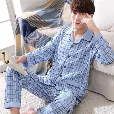 Men's Cotton Pajama Set, Lightweight Long Sleeve Casual Cardigan Suit