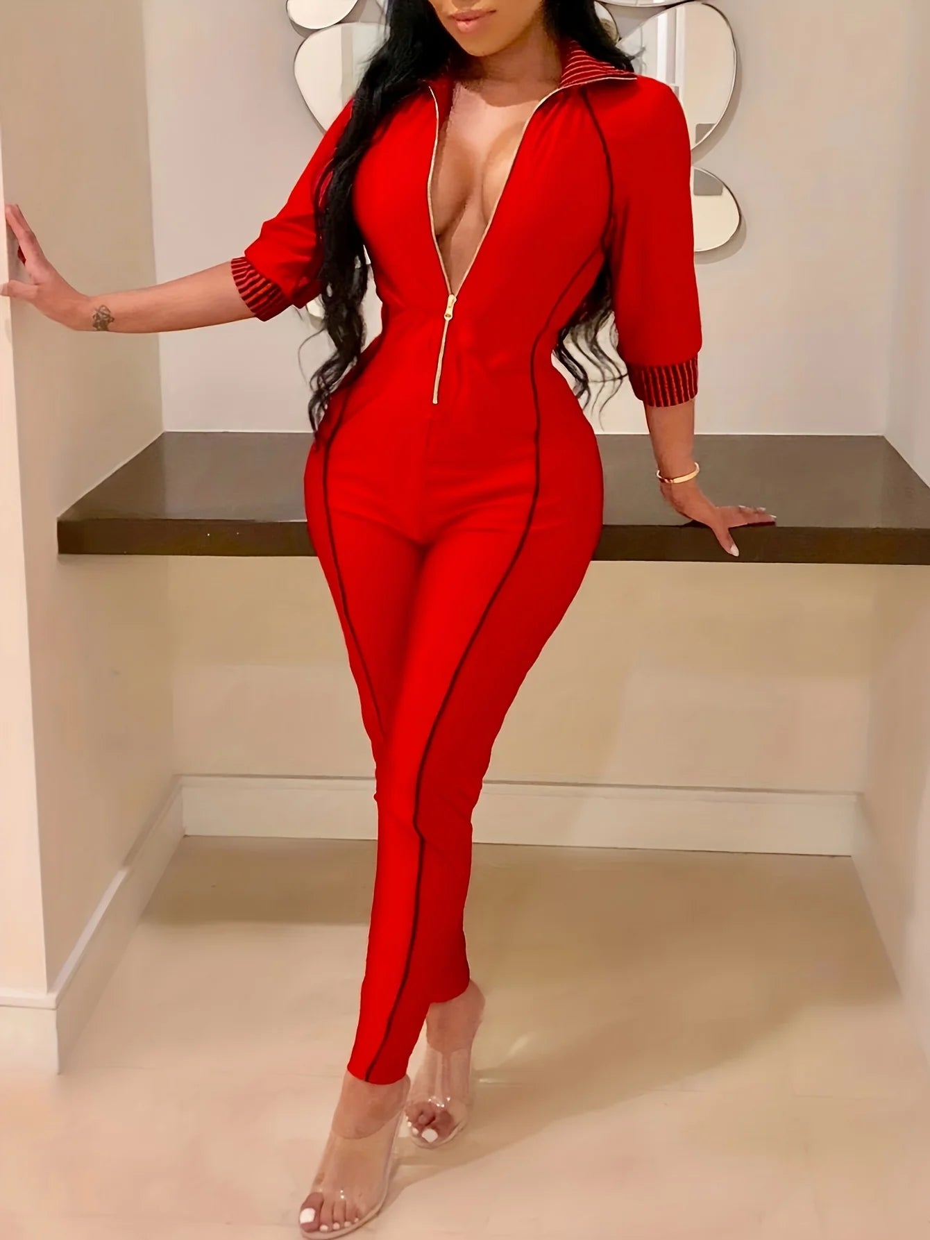 Zipper 3/4 Sleeve Skinny Jumpsuit, Sports Long Sexy Women's Clothing