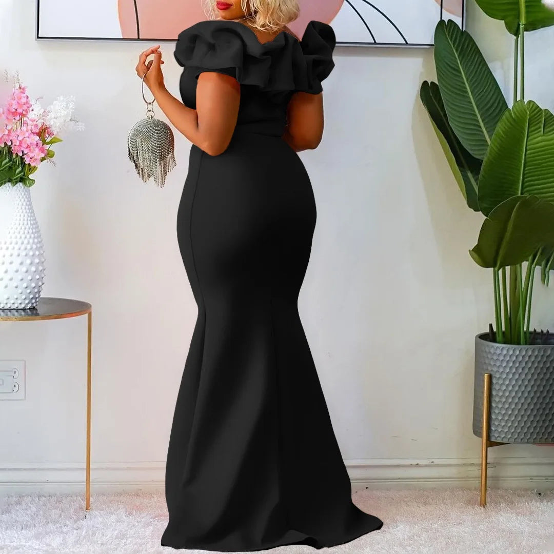 Elegant Off Shoulder Short Sleeve Ruffles Mermaid Long Dress for Women