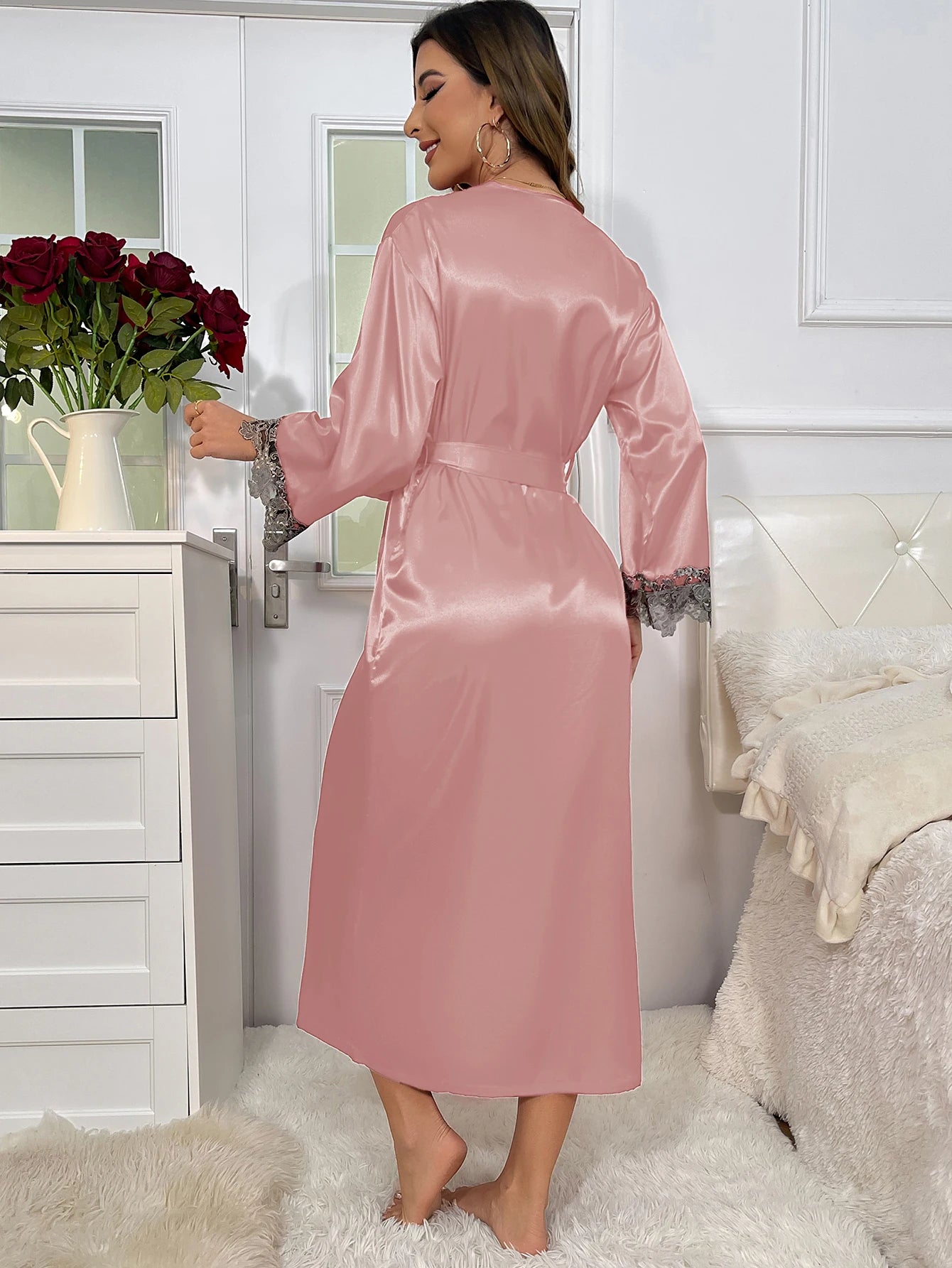 Long Sleeve Belted Robe V Neck Slip Dress Sexy Elegant Women Pajama  Sets