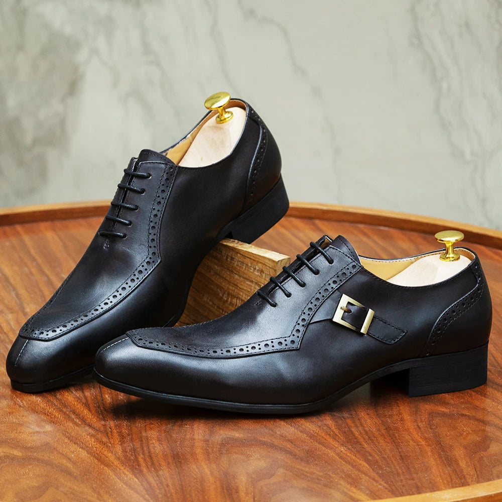 Luxury Leather Formal Shoes Lace Up Buckle Pointed Toe Shoes for Men
