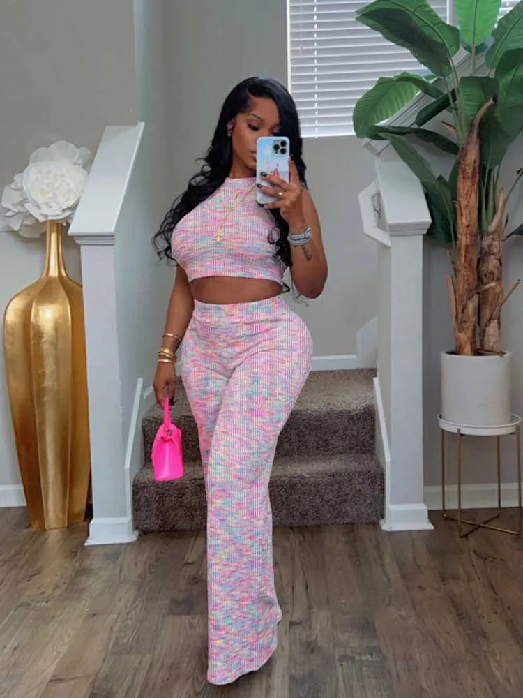 Women's Outfits: Stretchy Knitted Suit Sexy Sleeveless Top and Pants