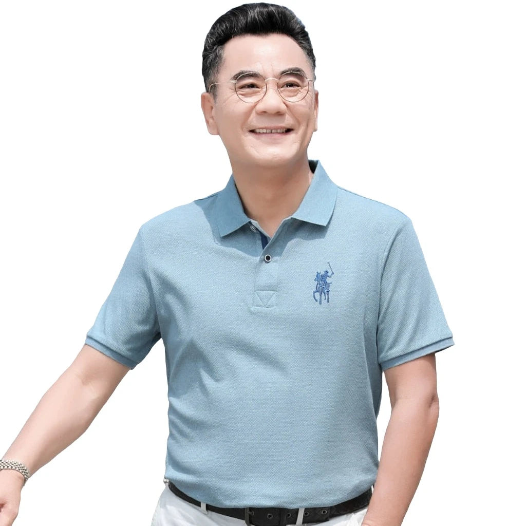 Short-Sleeved Mercerized Cotton Polo Shirt for Middle-Aged Gingham