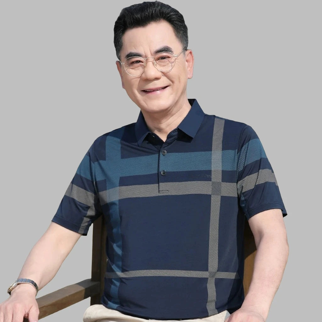 Short-Sleeved Mercerized Cotton Polo Shirt for Middle-Aged Gingham