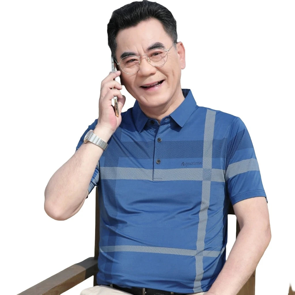 Short-Sleeved Mercerized Cotton Polo Shirt for Middle-Aged Gingham