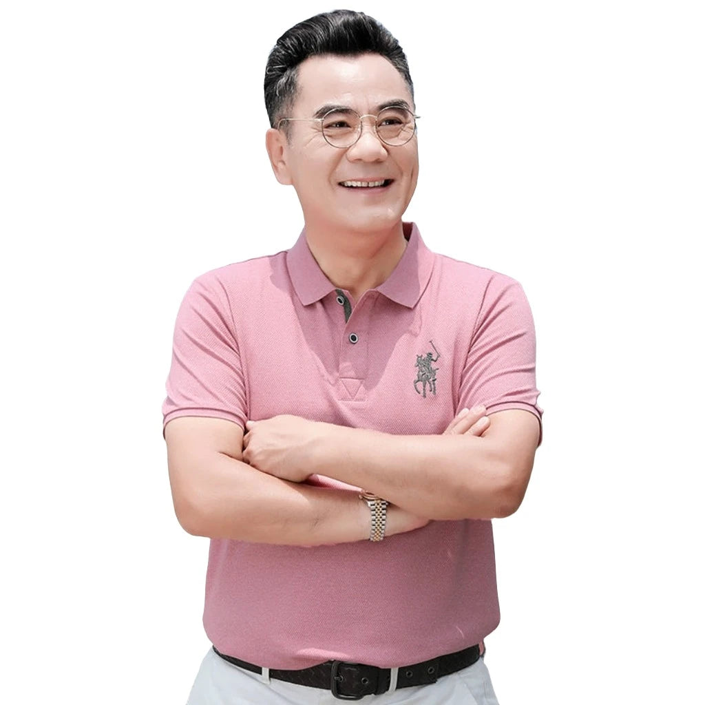 Short-Sleeved Mercerized Cotton Polo Shirt for Middle-Aged Gingham