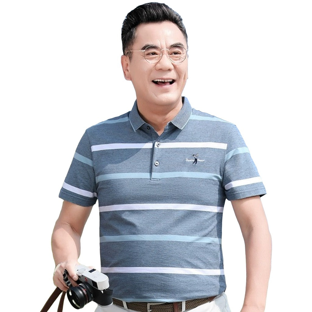 Short-Sleeved Mercerized Cotton Polo Shirt for Middle-Aged Gingham