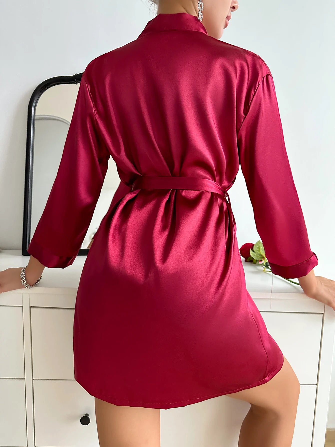 Solid Satin Pajama Set Long Sleeve Robe With Belt & V Neck Slip Dress