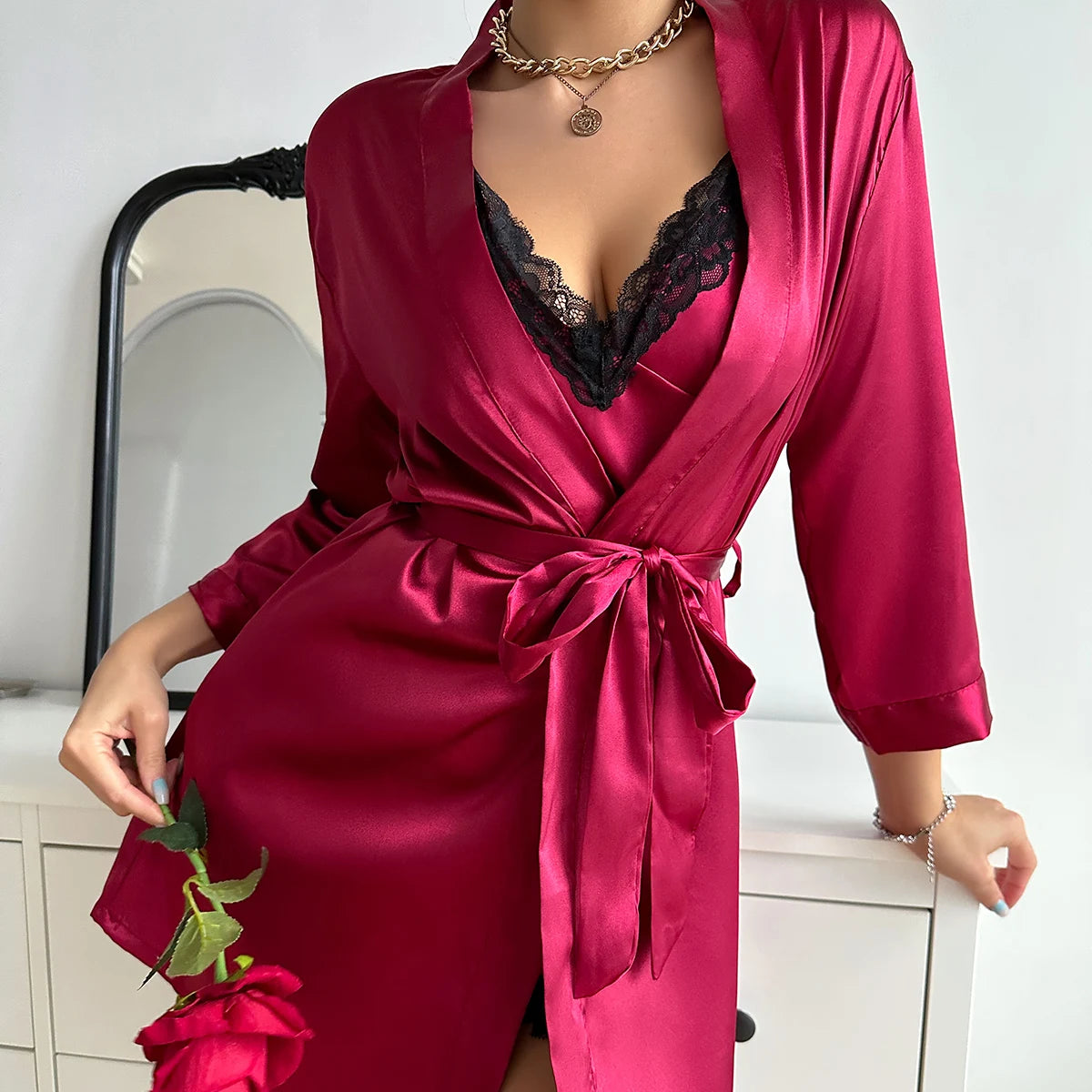 Solid Satin Pajama Set Long Sleeve Robe With Belt & V Neck Slip Dress