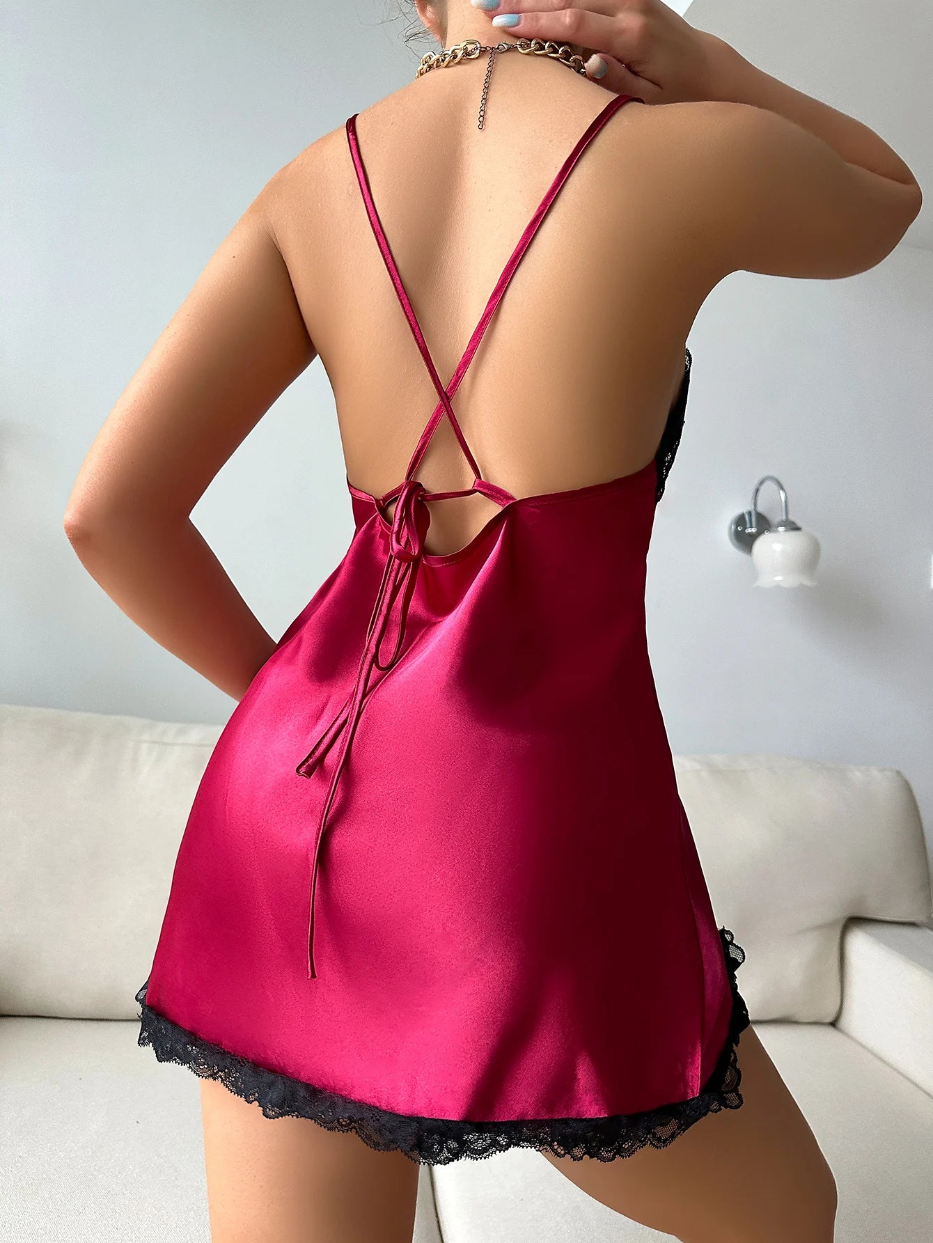 Solid Satin Pajama Set Long Sleeve Robe With Belt & V Neck Slip Dress
