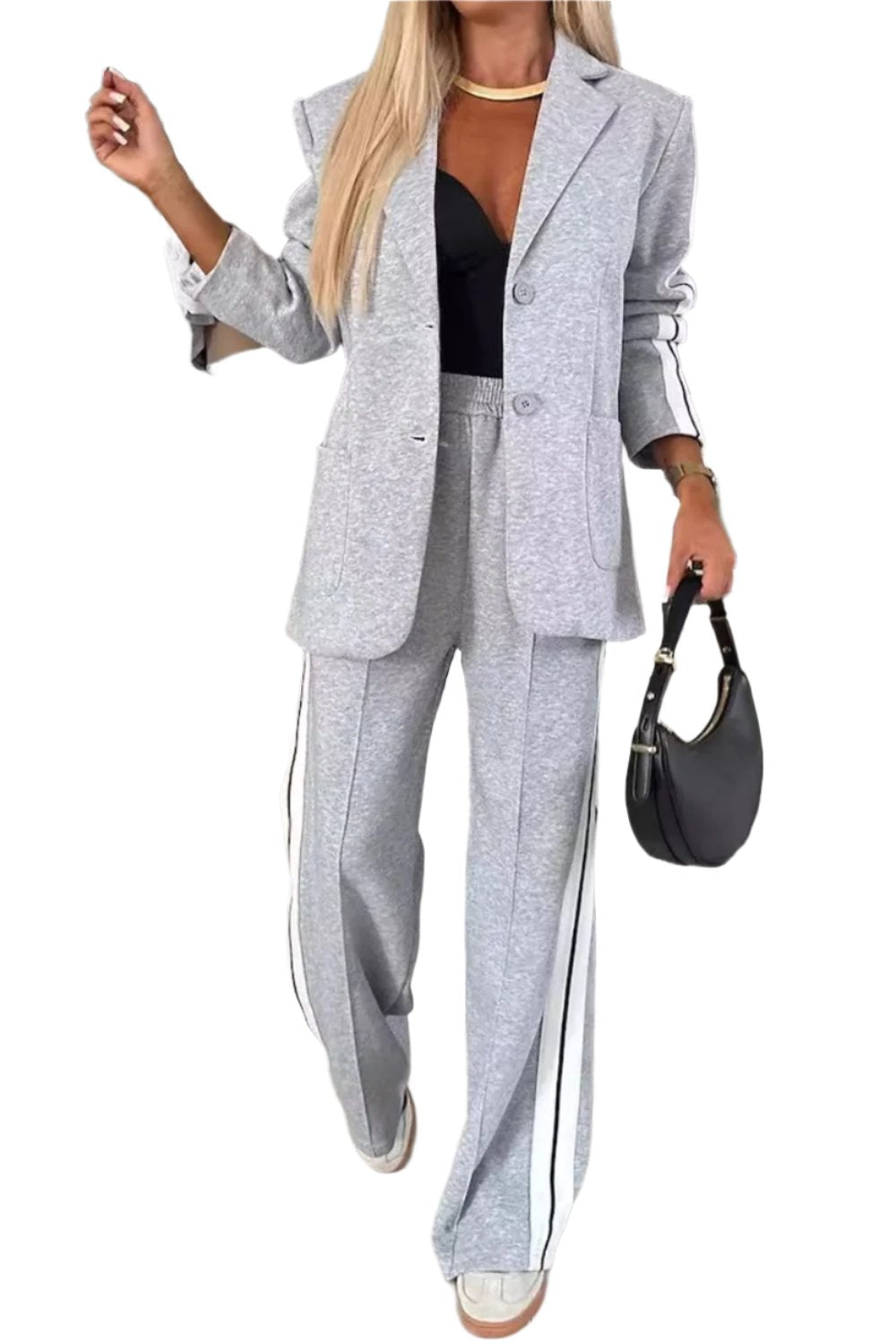Stylish Elegant Full Size Contrast Lapel Collar Top and Pants Set