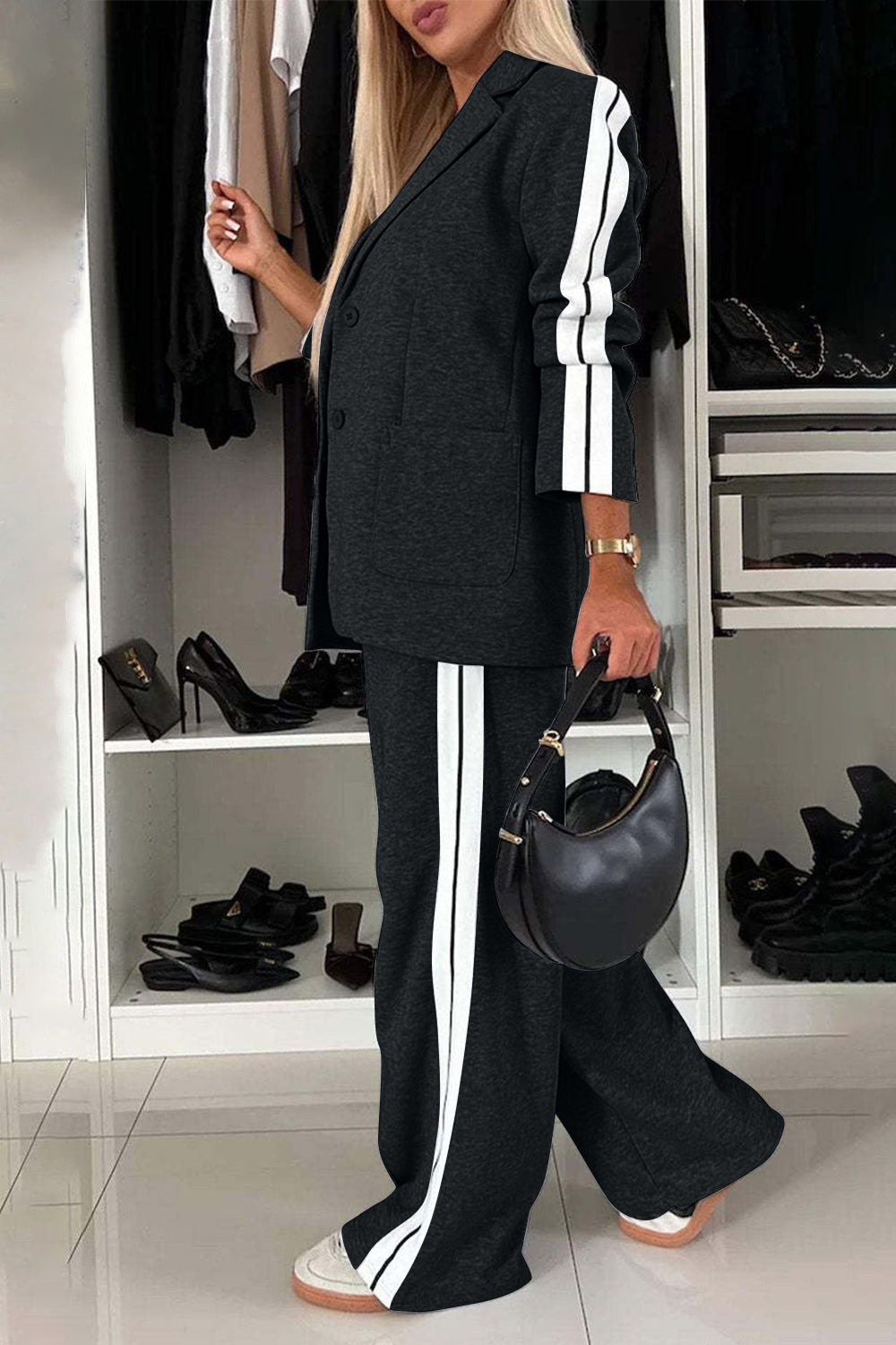 Stylish Elegant Full Size Contrast Lapel Collar Top and Pants Set