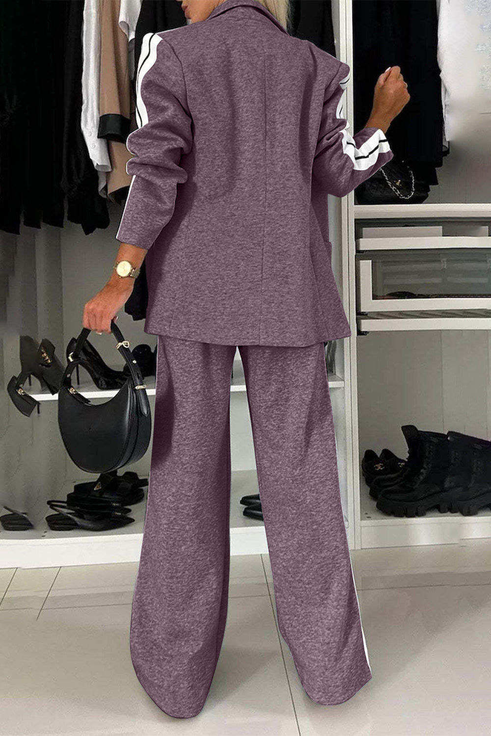 Stylish Elegant Full Size Contrast Lapel Collar Top and Pants Set