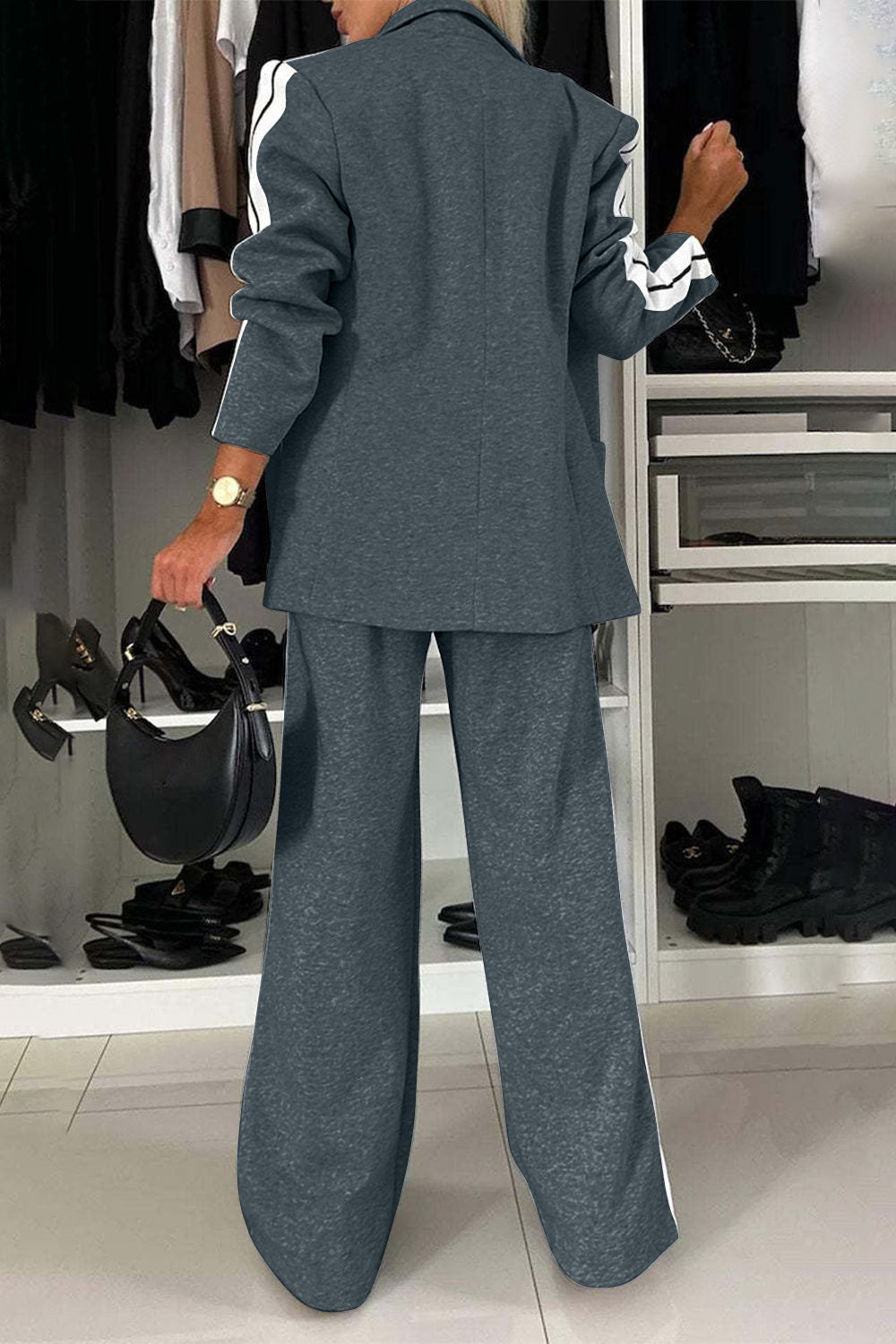 Stylish Elegant Full Size Contrast Lapel Collar Top and Pants Set