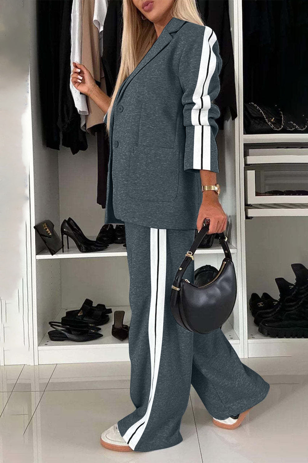 Stylish Elegant Full Size Contrast Lapel Collar Top and Pants Set