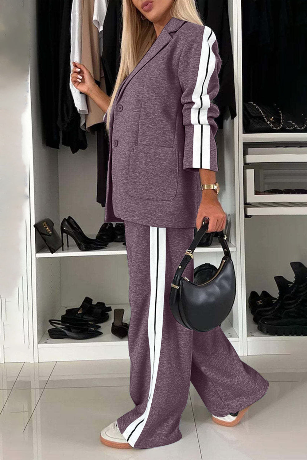 Stylish Elegant Full Size Contrast Lapel Collar Top and Pants Set