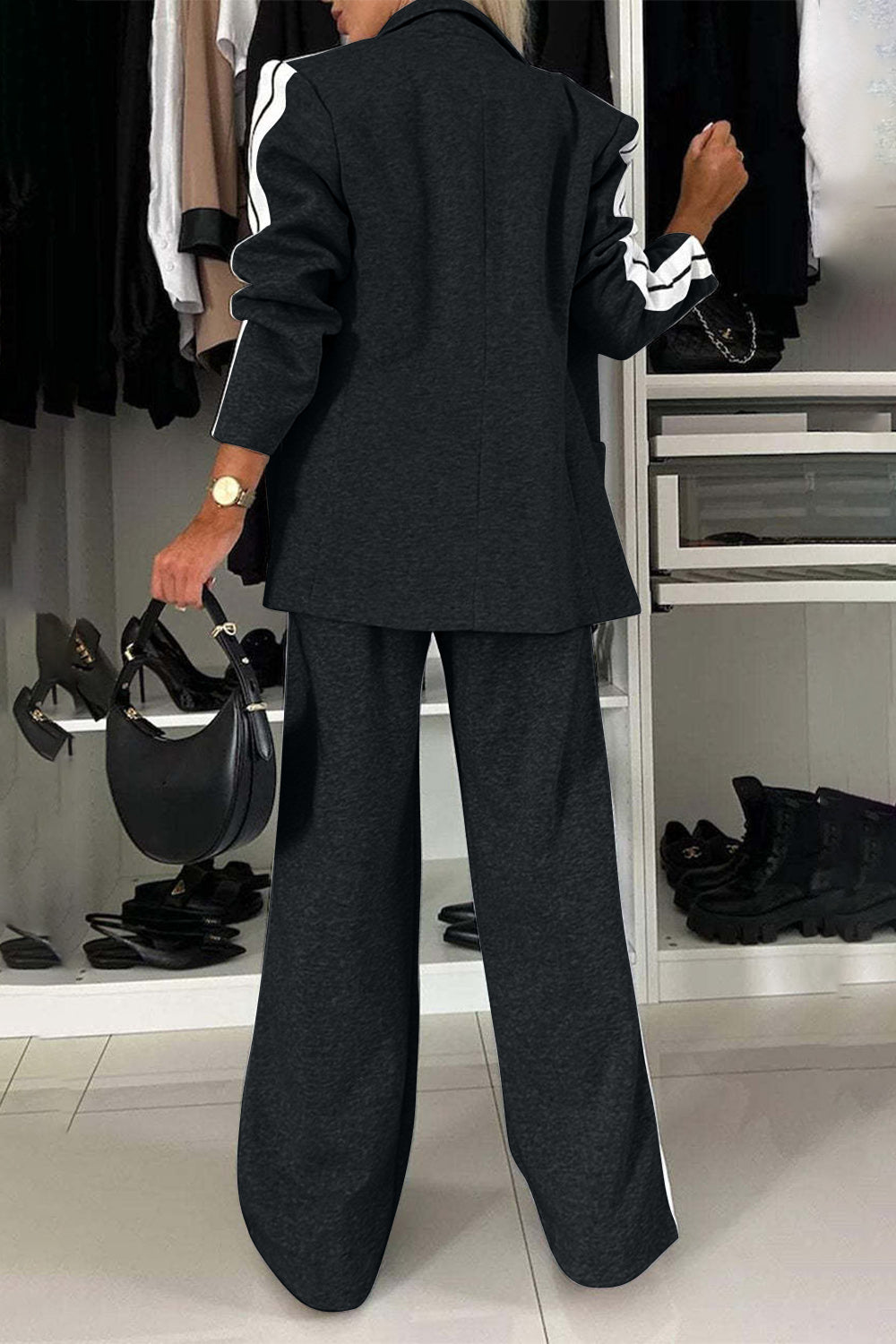 Stylish Elegant Full Size Contrast Lapel Collar Top and Pants Set