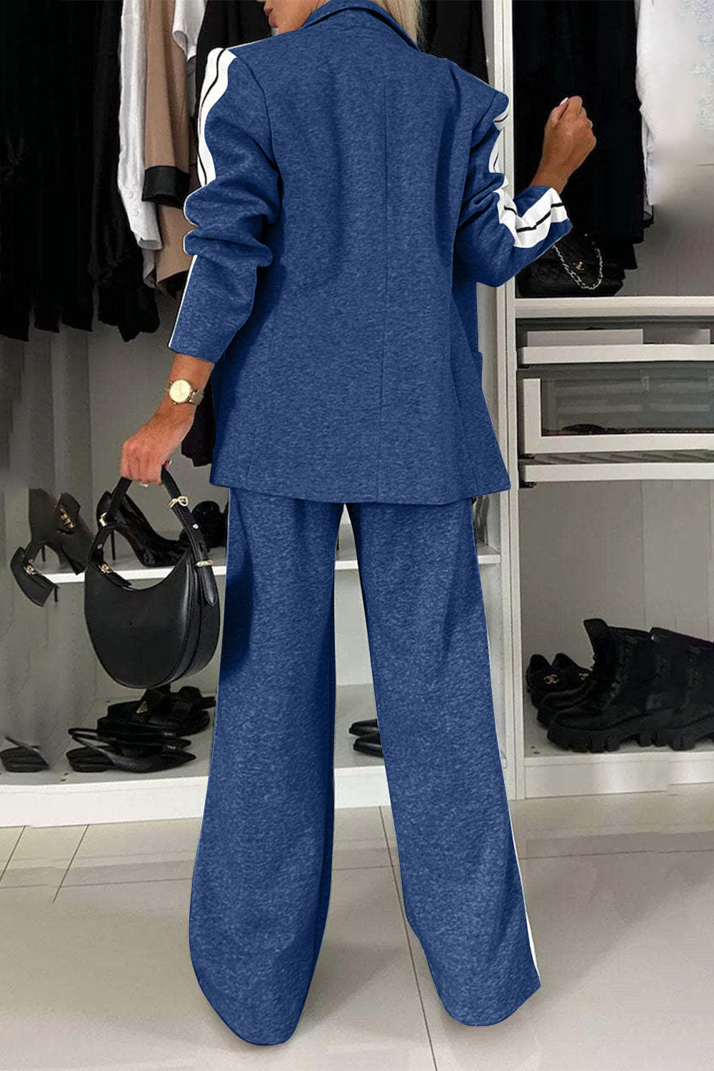 Stylish Elegant Full Size Contrast Lapel Collar Top and Pants Set