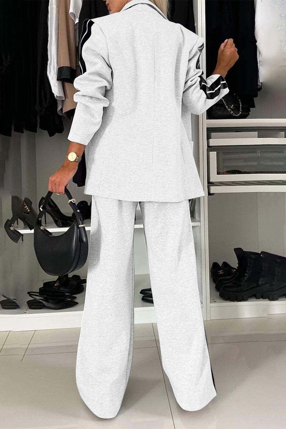 Stylish Elegant Full Size Contrast Lapel Collar Top and Pants Set