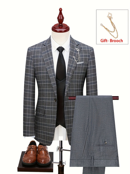 Gray checkered suit with brown shoes and a gift brooch on a white background